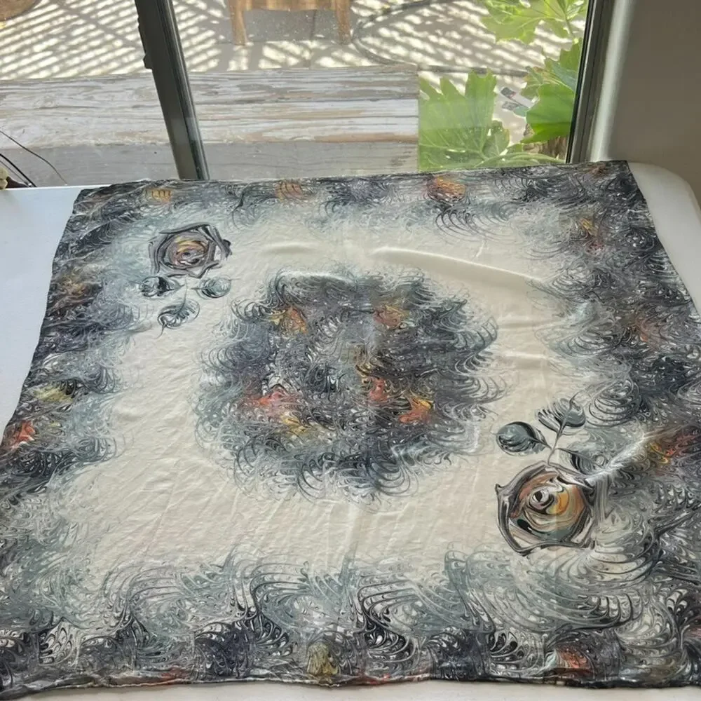 Marble Swirl Silk Scarf Hand Marbled Square Ivory Black Gray Hand Rolled Hem 30